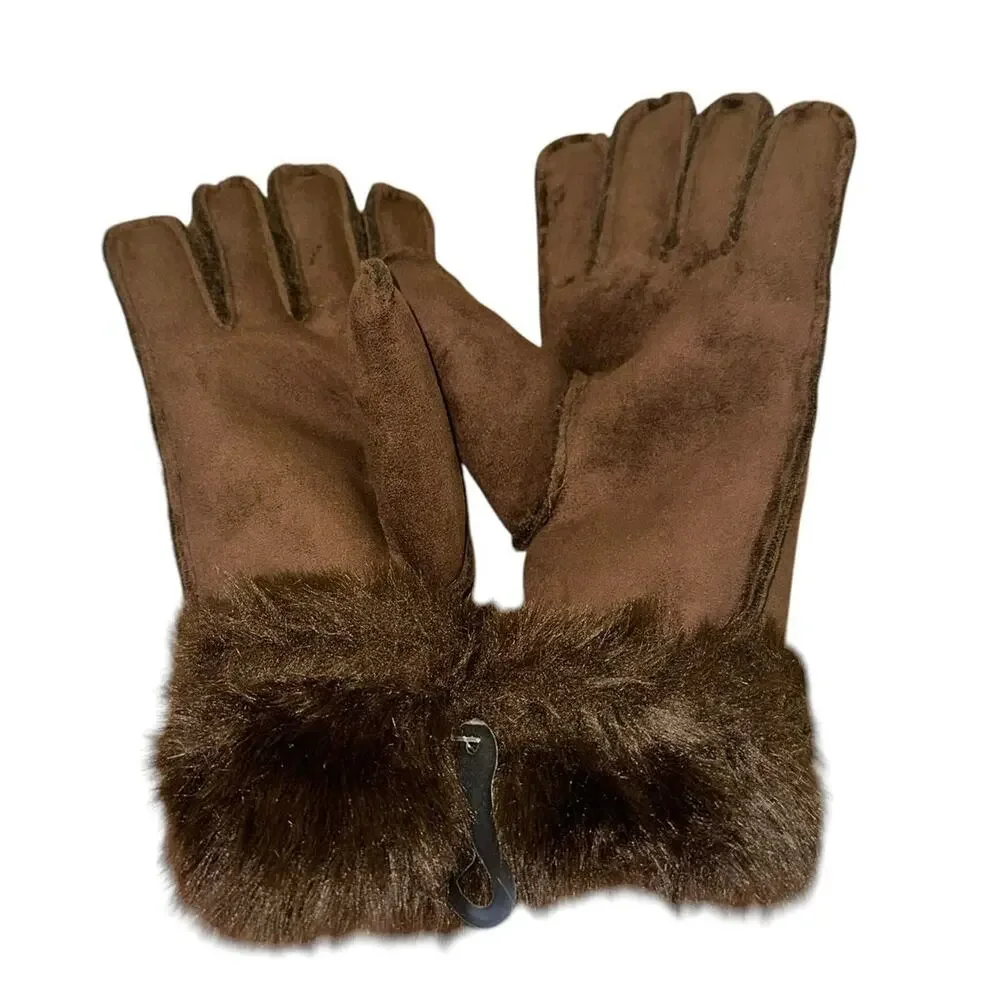 NWT Womens Brown Faux Fur Cuff Gloves Cozy Winter Dress Gloves